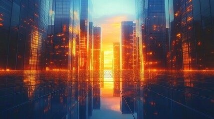 Fototapeta premium A futuristic cityscape at sunrise, with towering skyscrapers reflecting the golden light of dawn