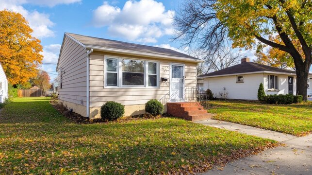 An exterior view of a small but cozy home in a suburban neighborhood, showcasing affordable living.