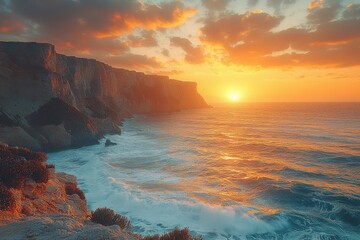 Breathtaking sunset over dramatic cliffs by the sea on a peaceful evening. Generative AI