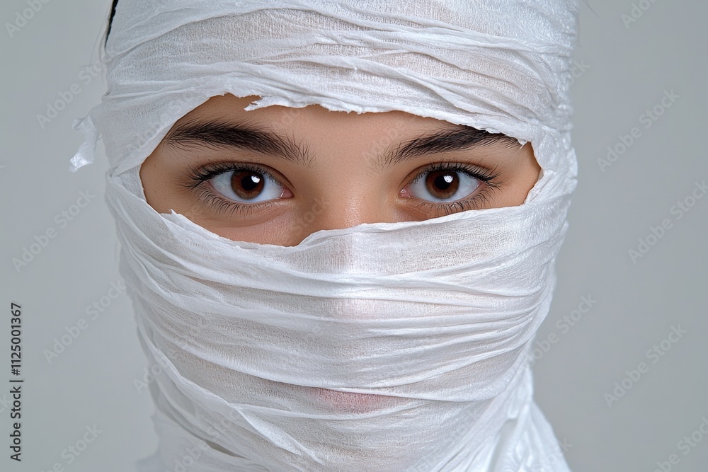 Poster a conceptual image of a woman with her face artistically covered by tissue, creating a mysterious an