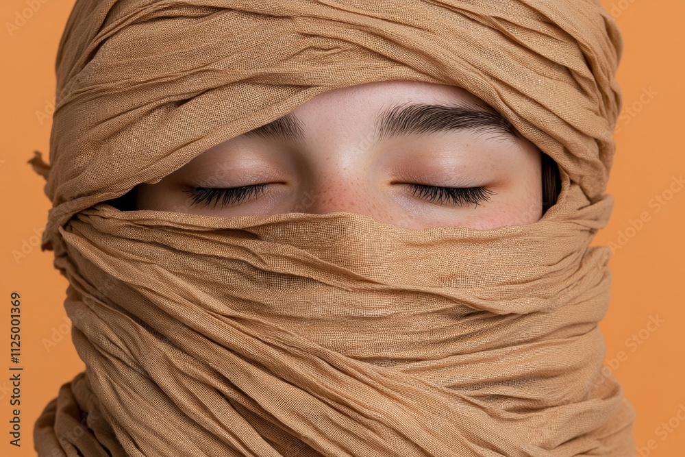 Poster A conceptual image of a woman with her face artistically covered by tissue, creating a mysterious and avant-garde aesthetic with soft lighting and a neutral background