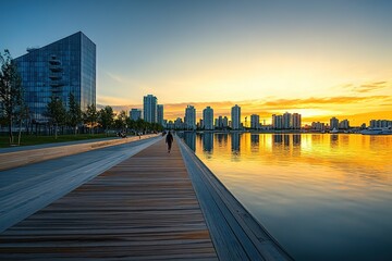Fototapeta premium wide-angle view of city boardwalk at sunset with person strolling along
