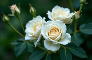 Bush large white roses, blooming flower outside garden, close-up. AI Generative