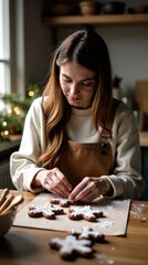 Fototapeta premium A woman decorating cookies for the holidays in a cozy, festive kitchen space
