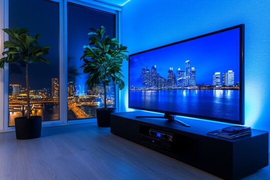 A cozy living room setup featuring a DVD player connected to a large flat-screen TV, with a stack of DVDs nearby