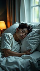 A peaceful moment of a young man sleeping comfortably in a softly lit bedroom