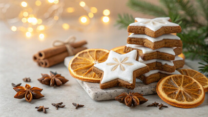 Fototapeta premium Festive Star-Shaped Gingerbread Cookies with Spices