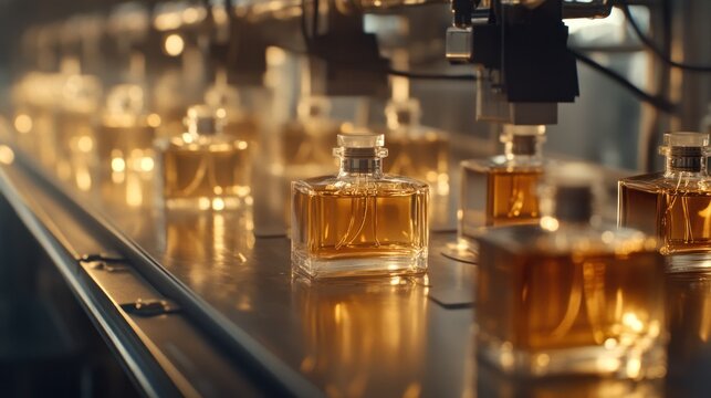 Perfume bottling line, glass flacons filled with fragrant liquid, stoppers inserted and elegant labels applied