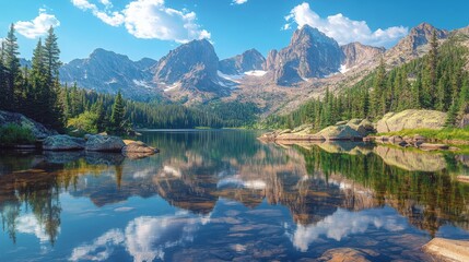 Mountain Lake Reflecting Majestic Peaks Under a Blue Sky