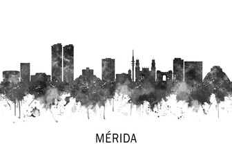 Obraz premium Merida Mexico Skyline BW, landscape watercolor abstract painting travel illustration urban art modern downtown landmarks skyscrapers artwork