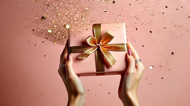 Hands adorned with delicate rings hold a beautiful gift box with a golden ribbon, set against a blush pink and rose gold background, sparkling confetti adding to the holiday ambian