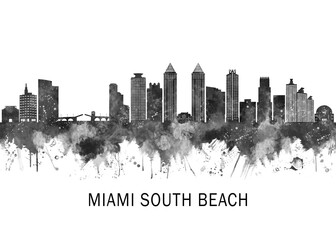 Obraz premium Miami South Beach Florida Skyline BW, landscape watercolor abstract painting travel illustration urban art modern downtown landmarks skyscrapers artwork