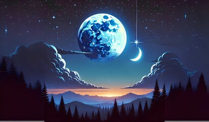 Naklejka premium Night sky with stars and crescent moon