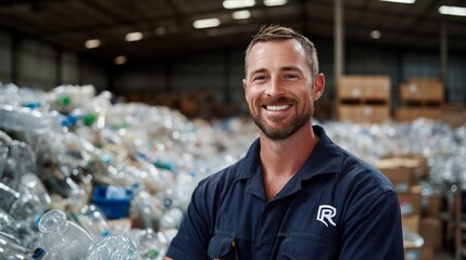 Fototapeta premium Caucasian male adult recycling worker smiling in warehouse with plastic bottles