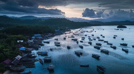 Serene Aerial View of Fishermen Village at Dusk