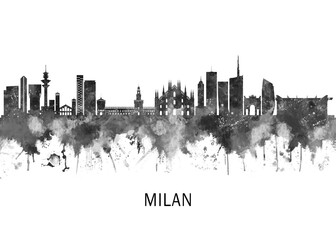 Milan Italy Skyline BW, abstract painting travel illustration urban art modern downtown landmarks skyscrapers colorful artwork architecture
