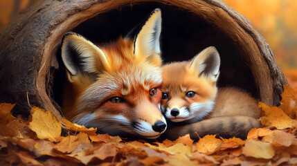 Obraz premium Adorable Red Fox and Kit Nestled Together in Cozy Hollow Log Surrounded by Autumn Leaves