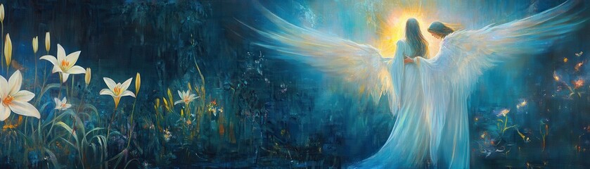 Pastel religious art, Gabriel robes illuminated with futuristic light, lilies glowing softly as the angel approaches Mary in reverence