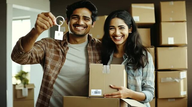 A proud young Indian couple holding keys and laughing together in their modern living room, surrounded by unpacked belongings and open copy space to the side.