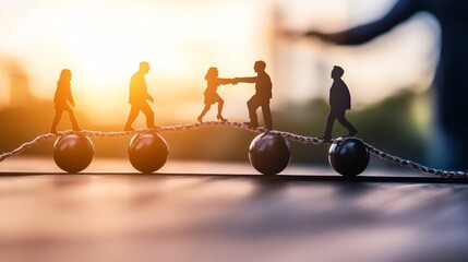 Obraz premium Business people walking and helping each other on a rope at sunset