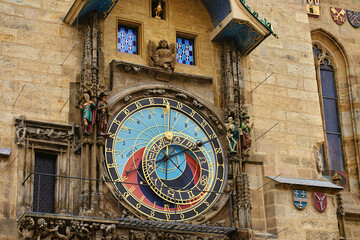 Astronomical clock on Old Town city Hall in Prague, Czech Republic. Close up of medieval clock face...