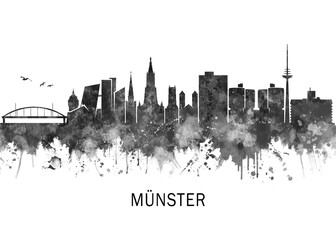Fototapeta premium Munster Germany Skyline BW, abstract painting travel illustration urban art modern downtown landmarks skyscrapers colorful artwork architecture