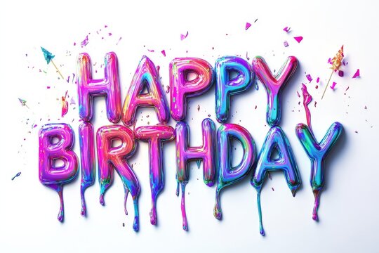 Colorful dripping happy birthday letters with streamers and confetti