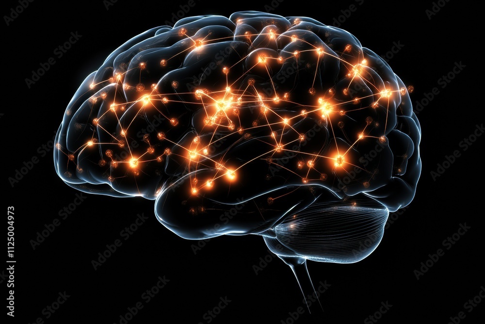 Fototapete Abstract representation of a human brain featuring glowing neural networks and synapses against a dark background, with space for text. Generative AI