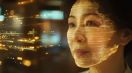 Futuristic Vision of Woman with Glowing Digital Patterns on Face