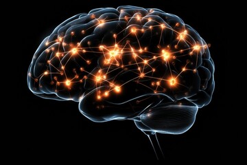 Abstract representation of a human brain featuring glowing neural networks and synapses against a dark background, with space for text. Generative AI