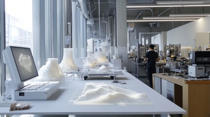 Prototype lab within the factory, 3D printers producing test models, engineers reviewing holographic product sketches