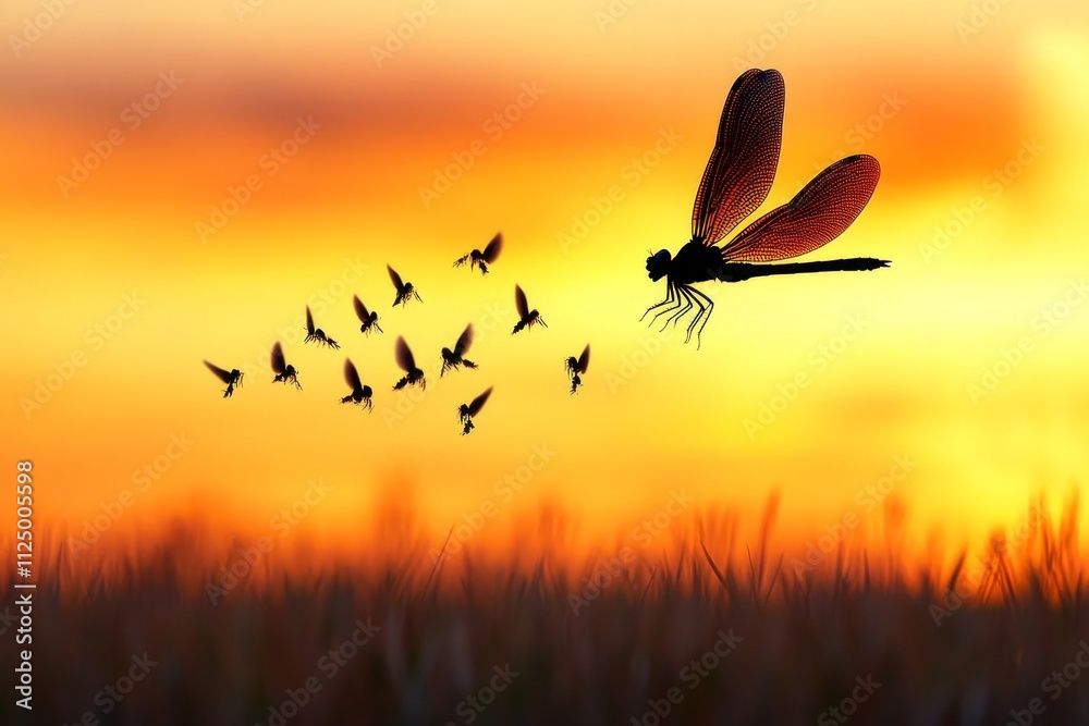 Poster a dynamic image of a dragonfly chasing smaller insects in the golden light of sunset, with its silho