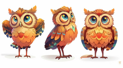 Fototapeta premium Adorable Cartoon Owls with Vibrant Feathers and Expressive Eyes