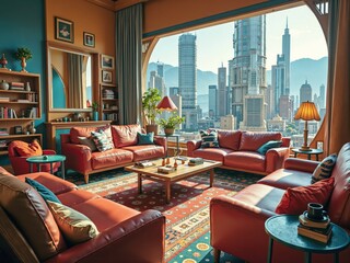 Luxurious living room interior design with stunning city view