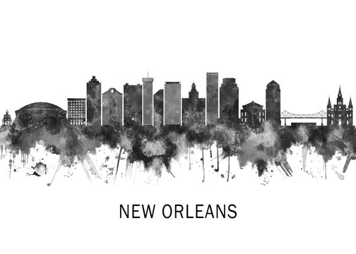 New Orleans Louisiana Skyline BW, abstract painting travel illustration urban art modern downtown landmarks skyscrapers colorful artwork architecture
