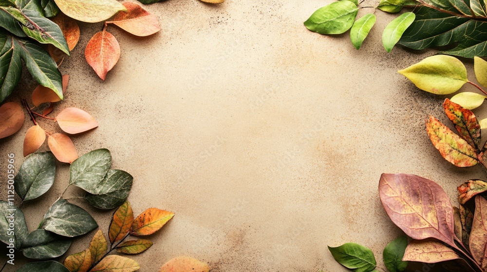 Poster Colorful autumn leaves frame creating copy space on beige background