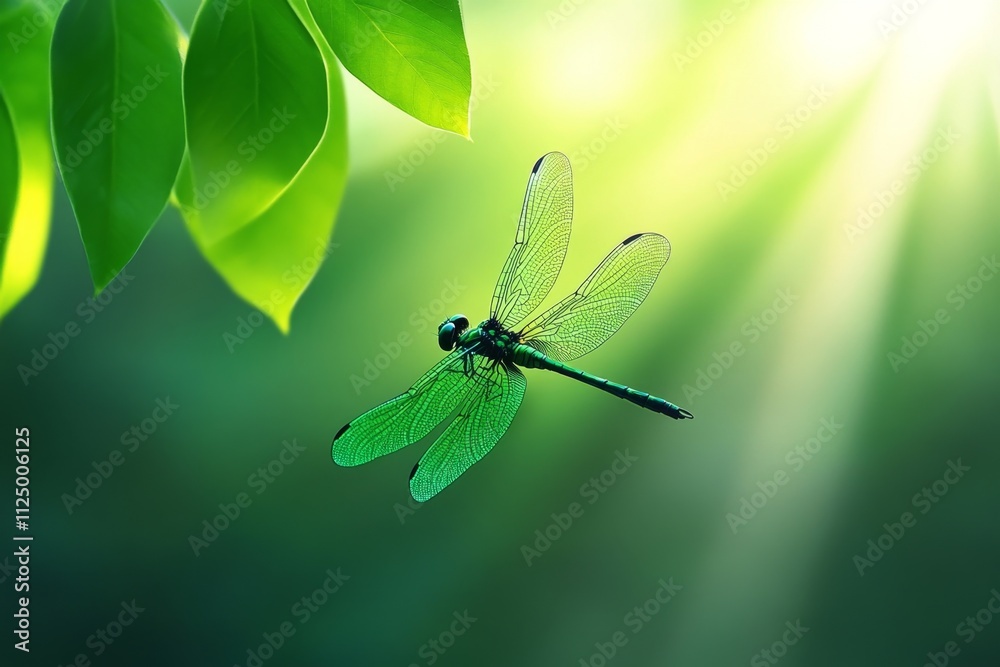 Poster a dynamic photo of a dragonfly in a rainforest, surrounded by lush greenery and filtered light break