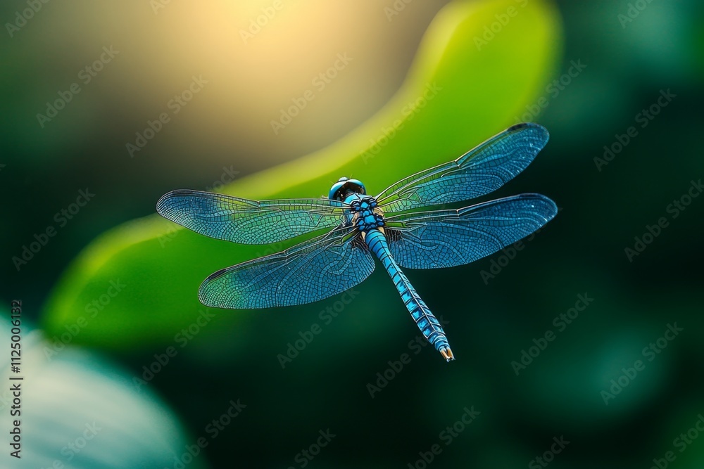 Poster A dynamic photo of a dragonfly in a rainforest, surrounded by lush greenery and filtered light breaking through the canopy