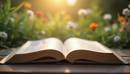 Blurred background with perspective view of an open book with soft sunlight on its pages, surrounded by greenery and flowers

