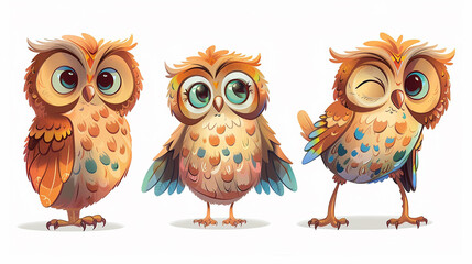 Obraz premium Adorable Cartoon Owls with Vibrant Feathers and Expressive Eyes