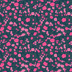 Beautiful floral pattern in small flowers. Small rose pink peonies flowers. Dark blue background. Liberty print. Floral seamless background. Ditsy template for fashion prints. Stock pattern.