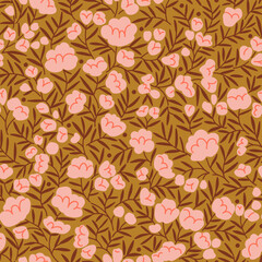 Seamless vintage floral pattern. Gold background, pink peonies flowers,  brown leaves. Vector print with a liberty motif. Trendy design for surface. Retro style. Vector template