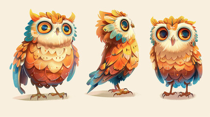 Obraz premium Adorable Cartoon Owls with Vibrant Feathers and Expressive Eyes