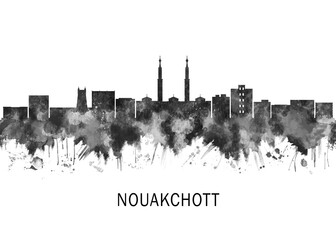Nouakchott Mauritania Skyline BW, abstract painting travel illustration urban art modern downtown landmarks skyscrapers colorful artwork architecture