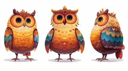 Fototapeta premium Adorable Cartoon Owls with Vibrant Feathers and Expressive Eyes