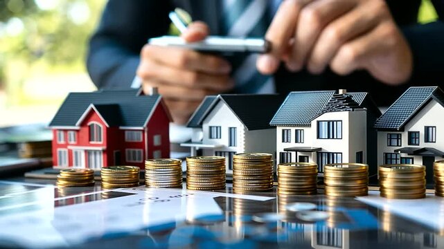 A line of model houses in ascending order with coins stacked in increasing heights beside each, symbolizing real estate market growth, with charts and graphs subtly overlayed in th