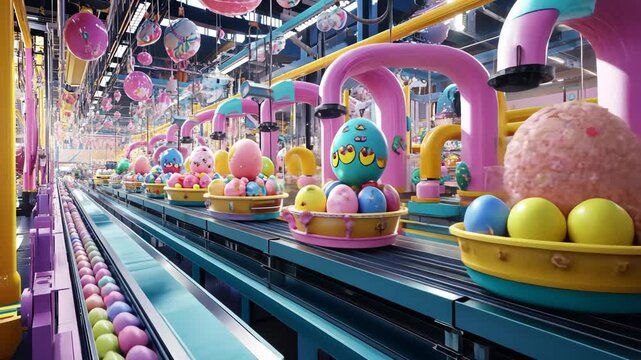 High-Tech Easter Egg Factory Showcasing Colorful Pastel Eggs on Conveyor Belt in Modern Industrial Setting 