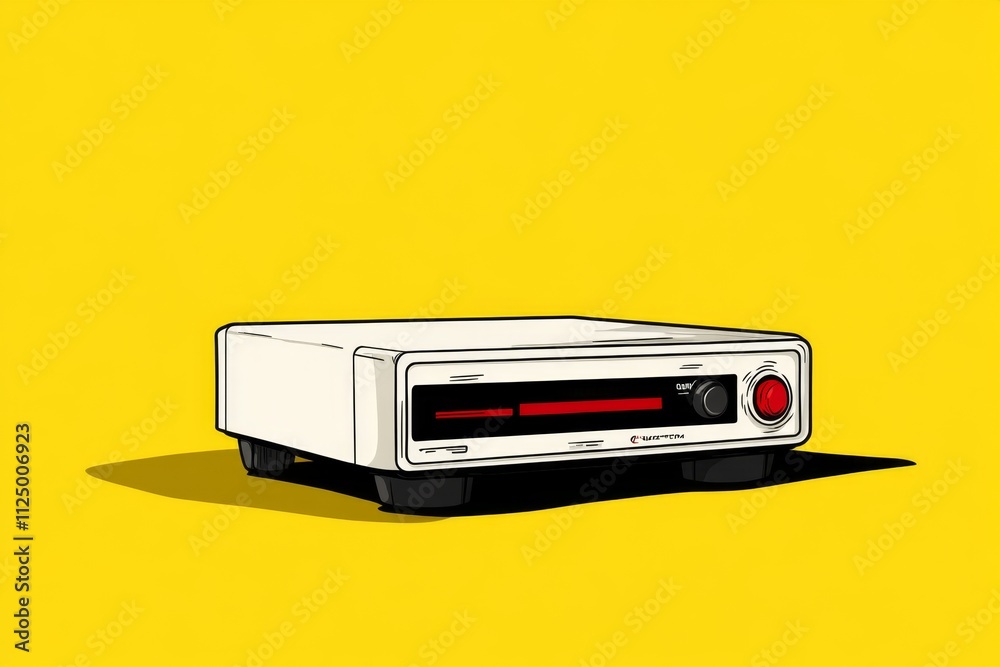 Poster A flat design of a DVD player with an open tray, rendered in simple geometric lines and soft monochrome tones