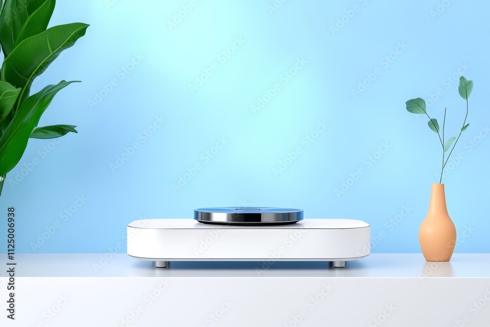 Poster A flat design of a DVD player with an open tray, rendered in simple geometric lines and soft monochrome tones