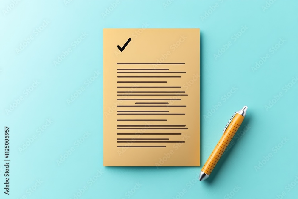 Poster A flat design of a single document icon with a subtle shadow and a small glowing checkmark on a pastel background